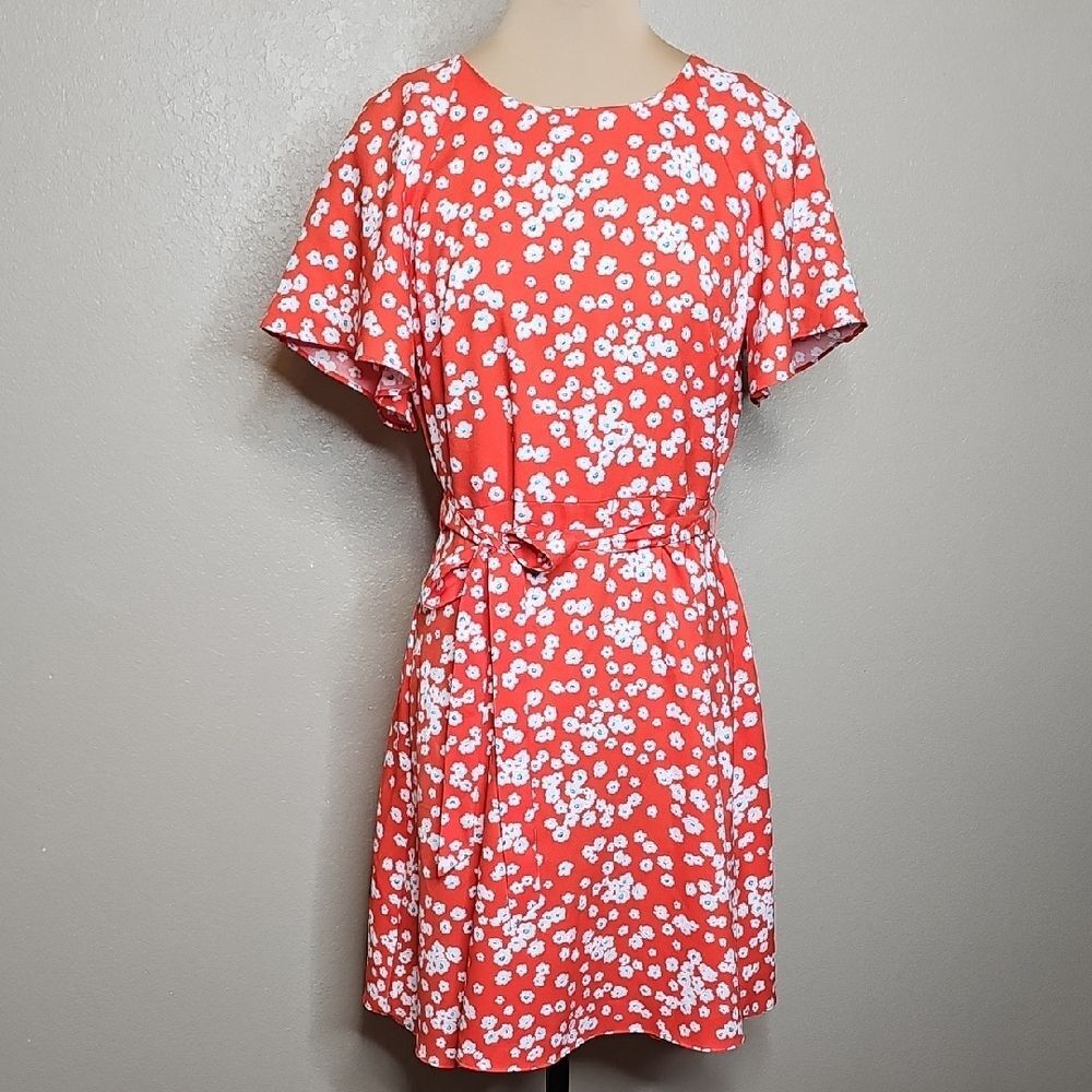 Banana Republic Red Floral Print Tie‎ Waist Fit N Flare Flutter Sleeve Dress 6